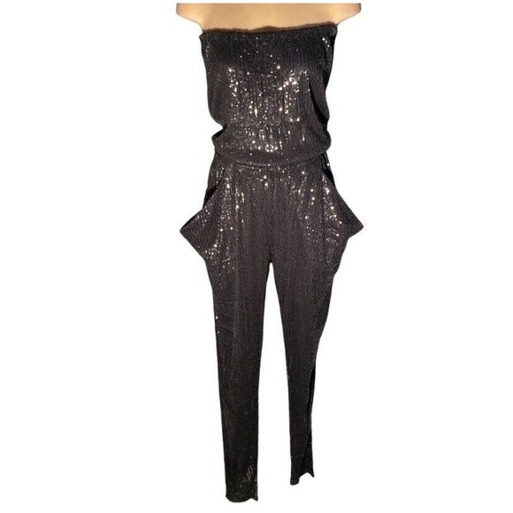 Michael Kors Jumpsuit Size S Black All Over Sequin Bandeau Strapless Pockets - Picture 5 of 11